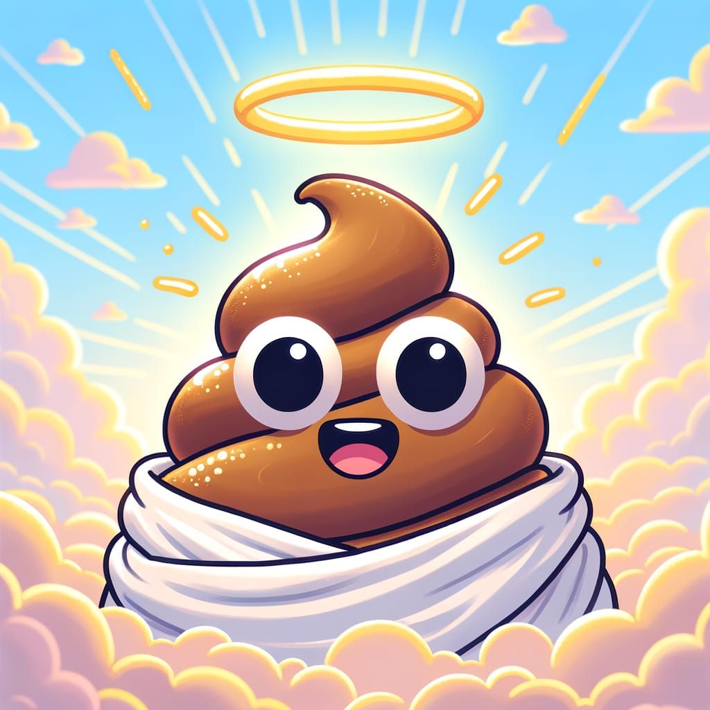 Comical Cartoon Poop Angel in Heavenly Scene
