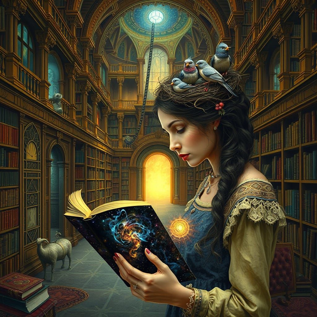 Surreal Library with Impossible Architecture and Bird Woman