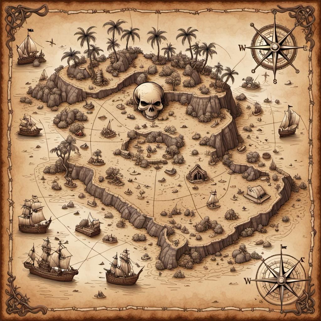 Classic Pirate Treasure Map to Hidden Island Gold