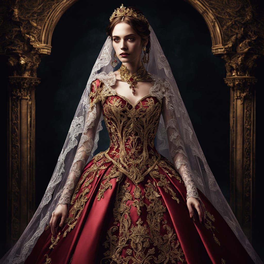 Ornate Crimson Wedding Dress with Ethereal Veil