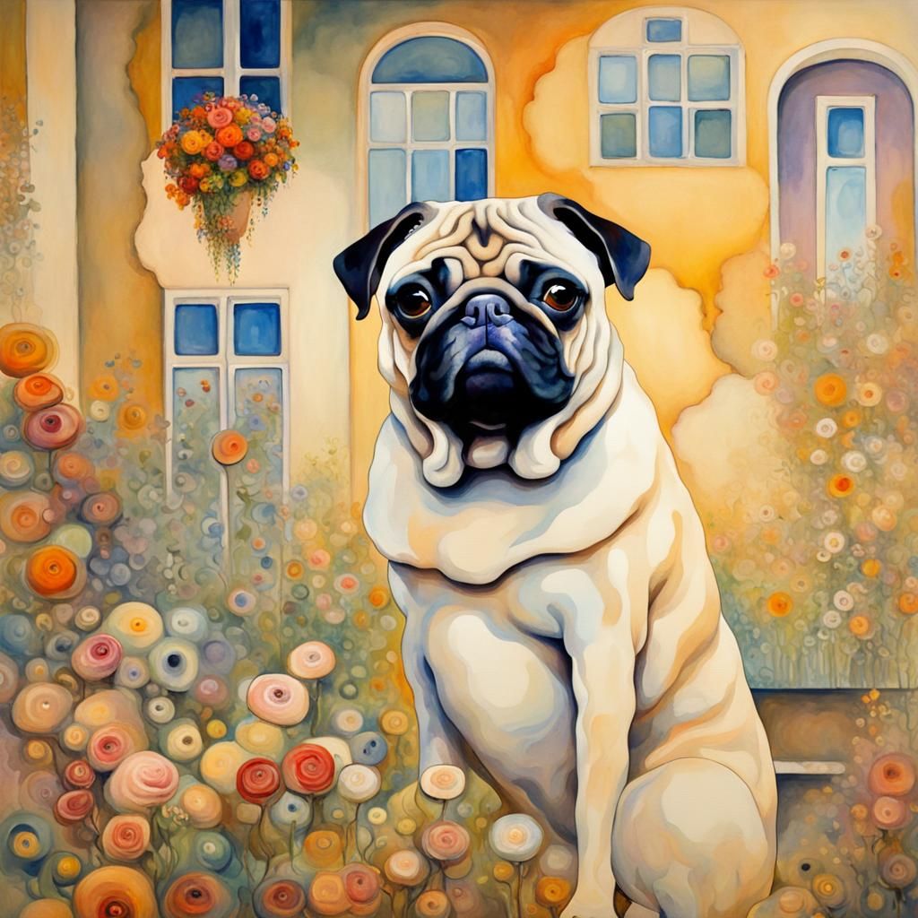 Pug and Abstract House: Klimt-Inspired Surrealism
