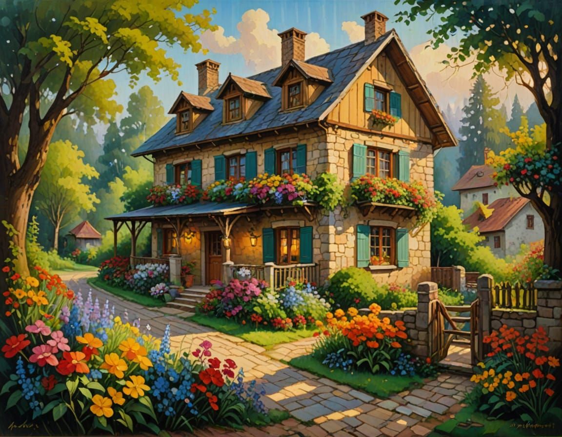 Impressionist Wooden House in Vibrant Bloom