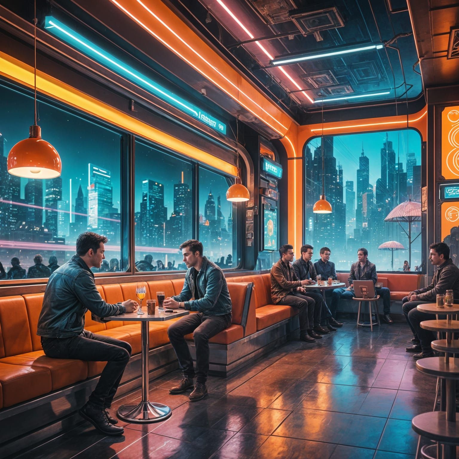 Friends Enjoying Modern Conversation in a Cyber Cafe Atmosph...