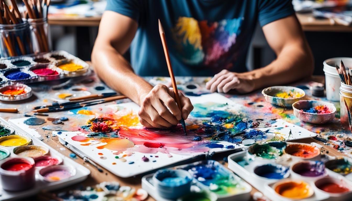 Artist Surrounded by AI Art in Mixed Media Style