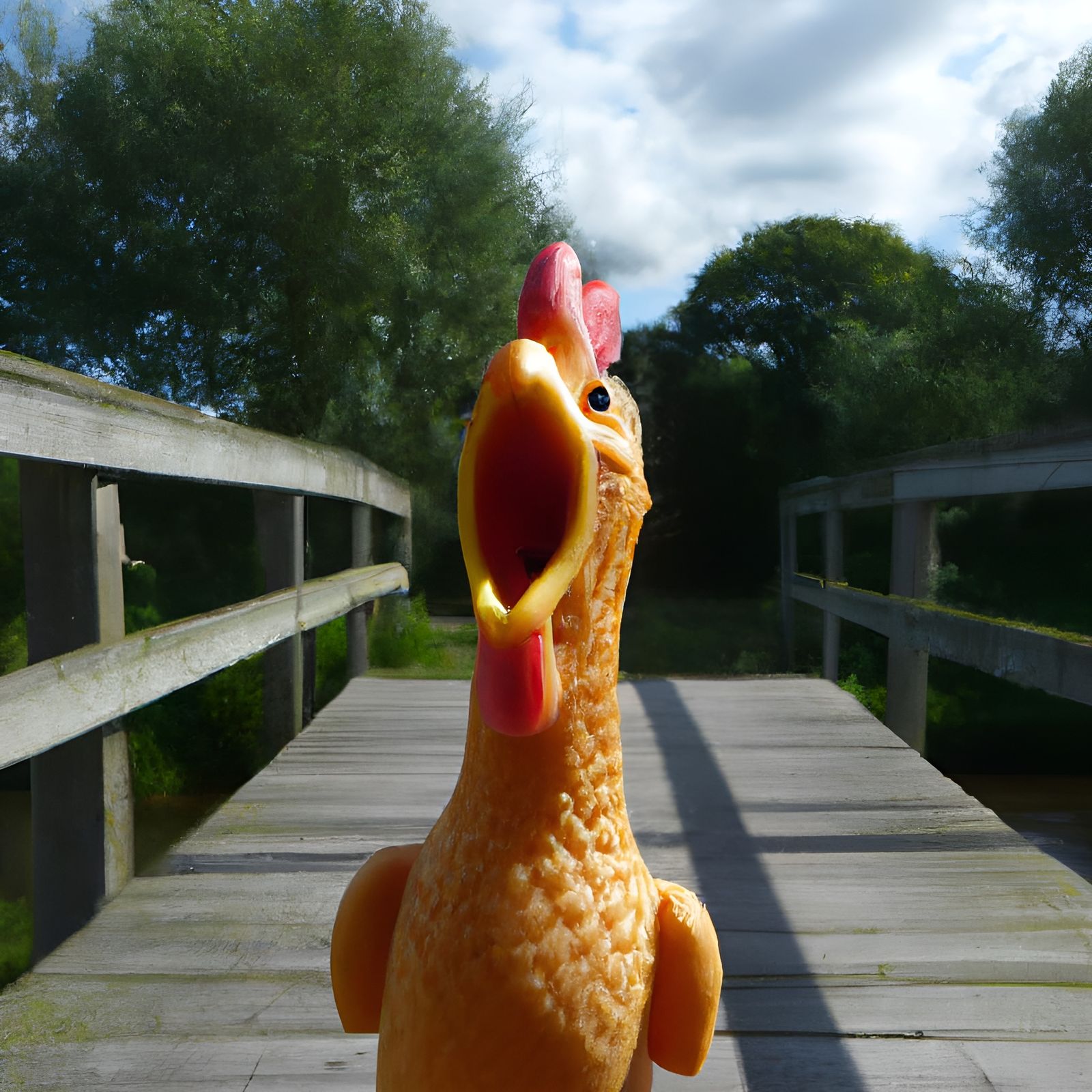 Rubber Chicken Screaming on Bridge in Expressionist Style
