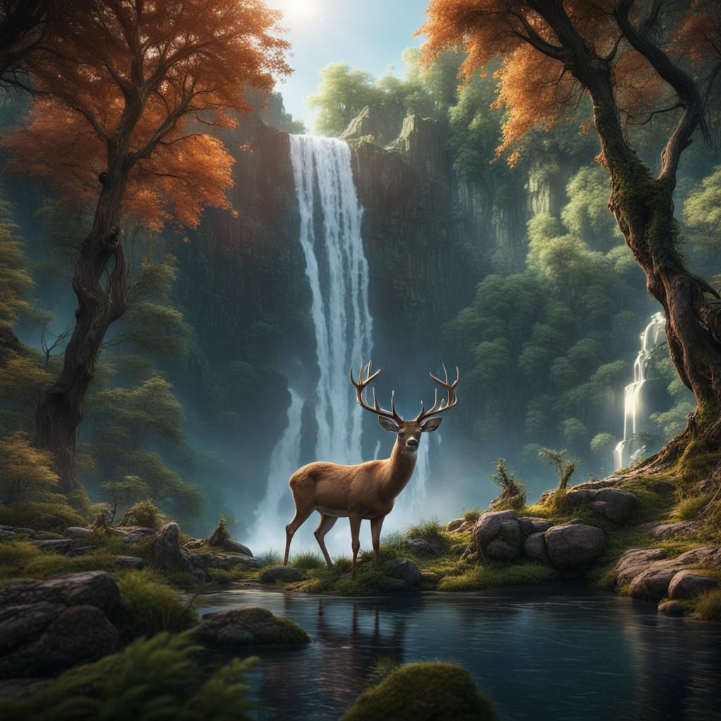Deer in Forest with Waterfall: Detailed Matte Painting