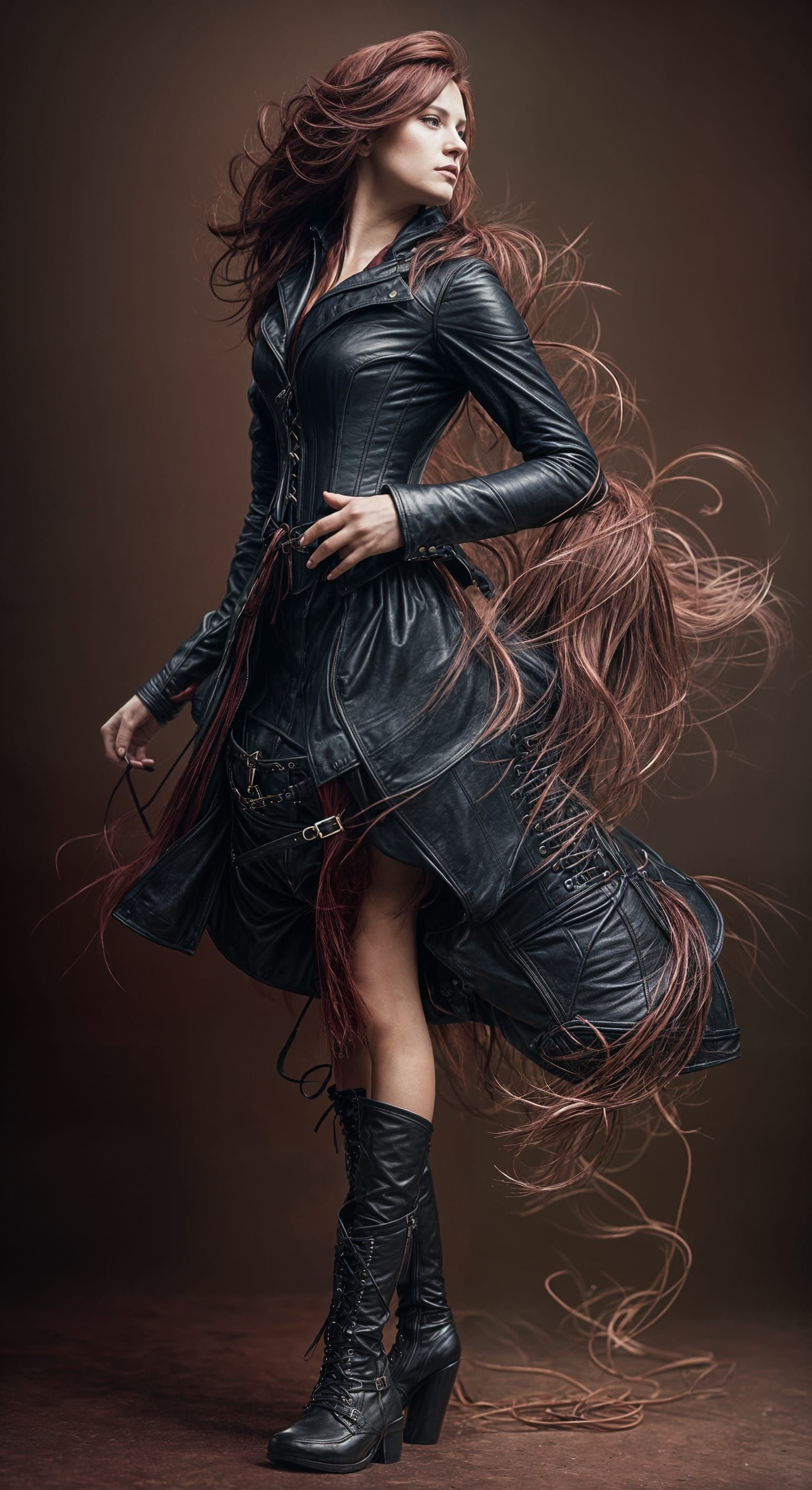 Woman in Leather Corset, Velvet Cloak, and Boots