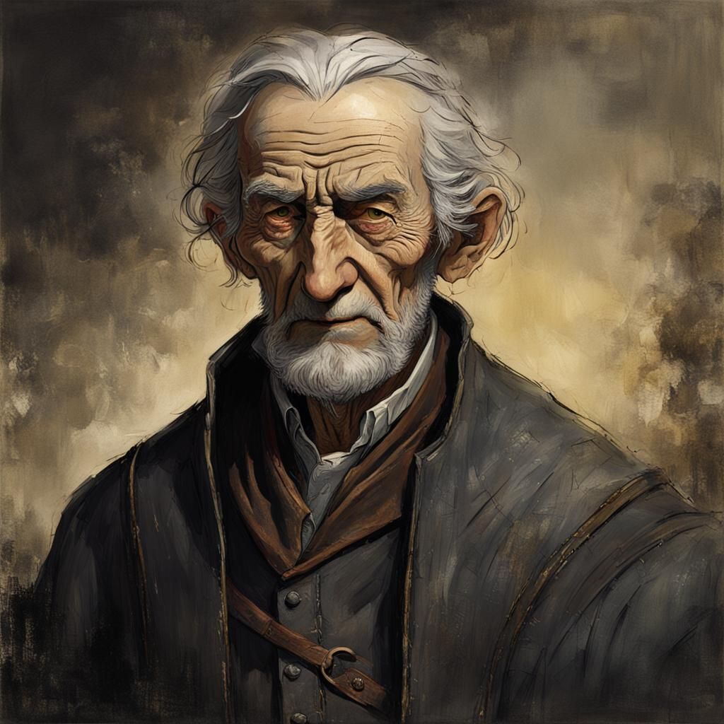 Elderly Innkeeper with Steel-Gray Hair and Key-Shaped Medall...