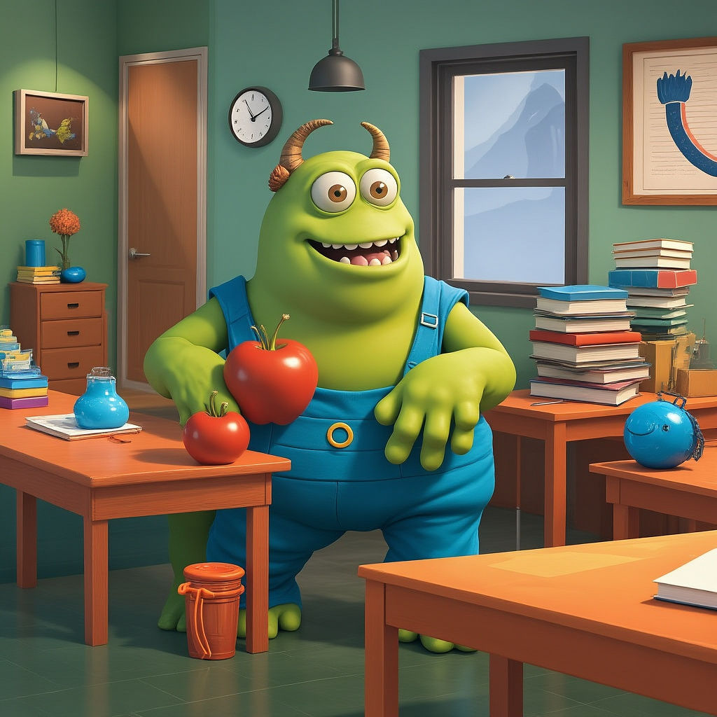 Sad Monster in Classroom: 3D Poster Art