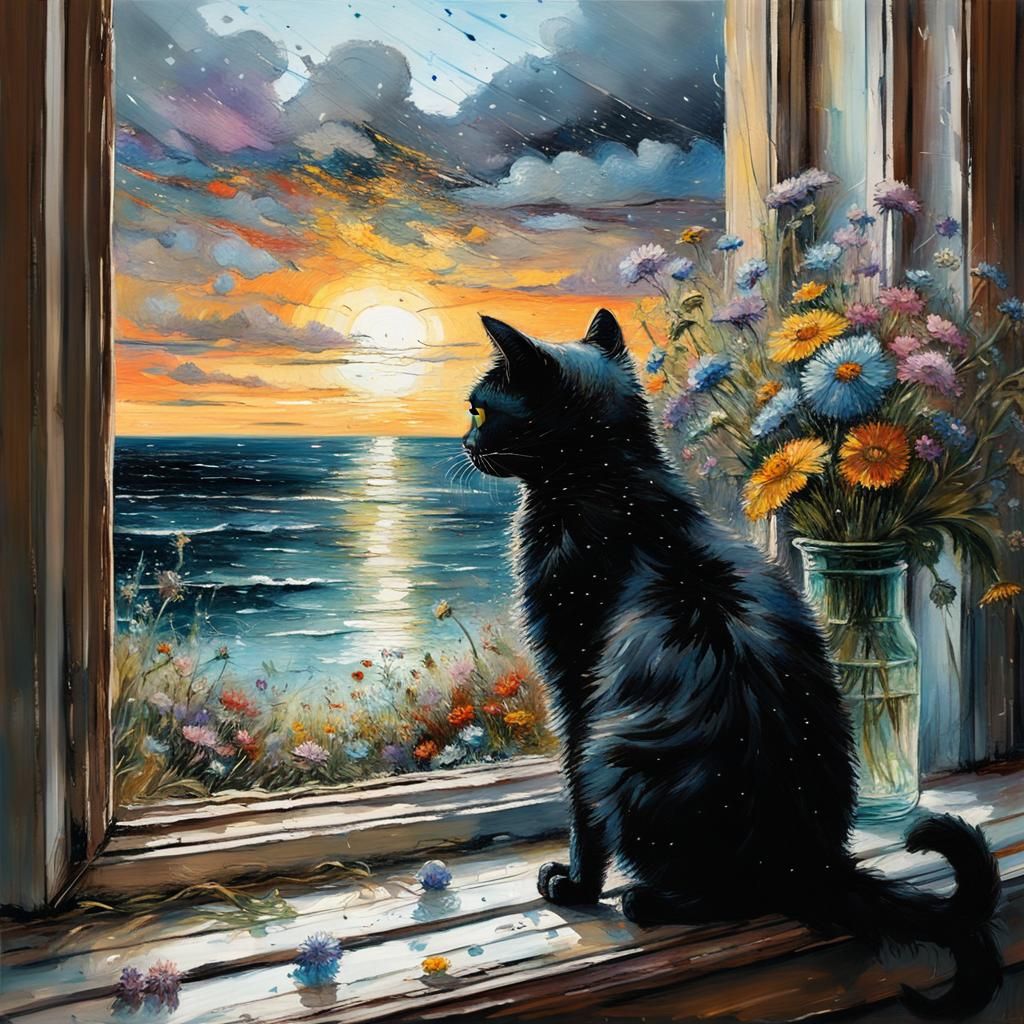 Black Cat Gazing at Beach, Impasto Oil Painting