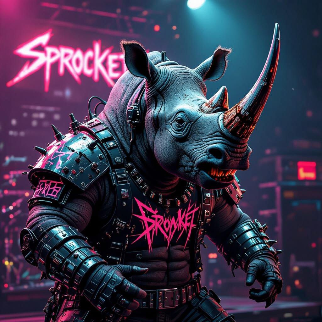 Cyberpunk Rhino Rock Star Roars on Holographic Stage
