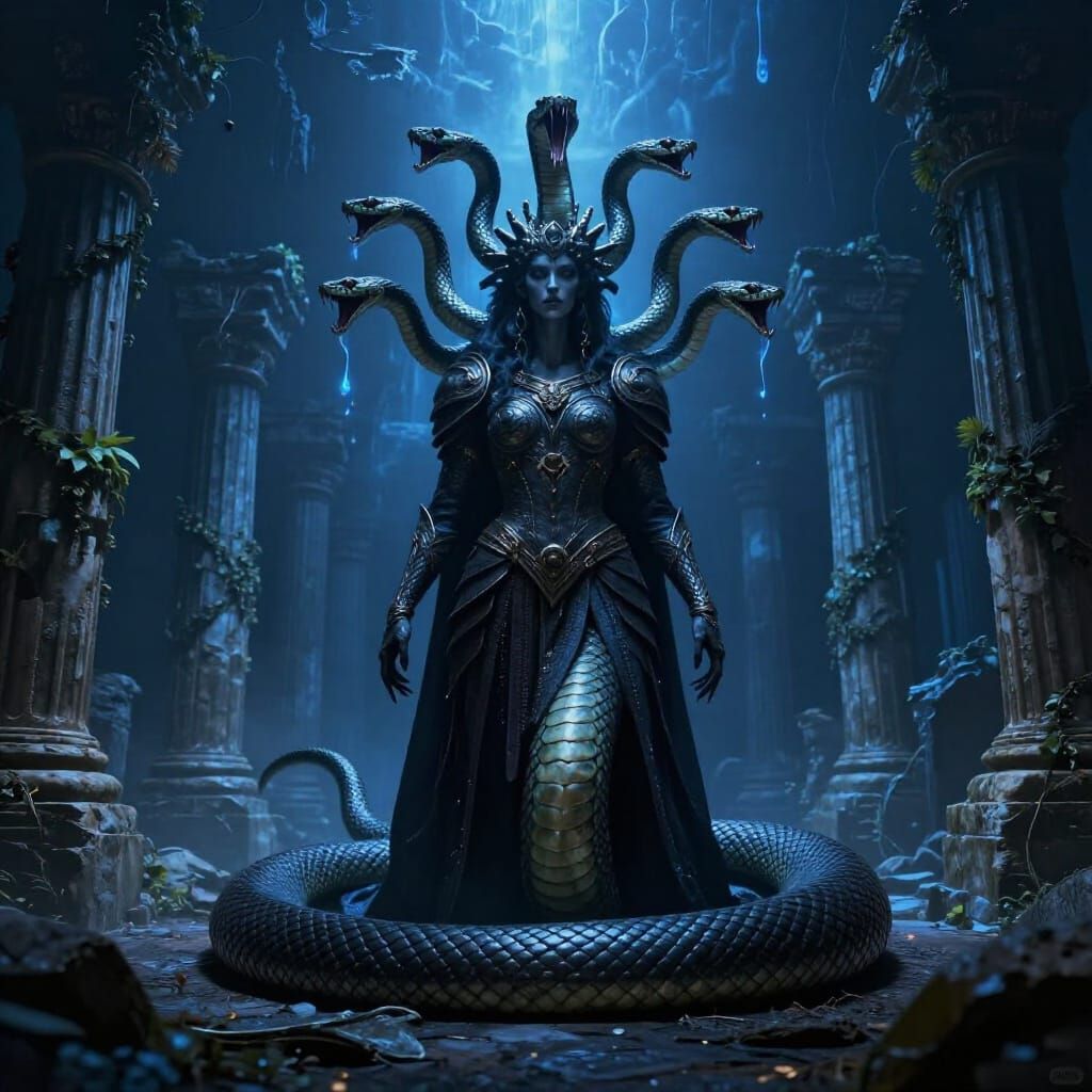 Mythological Serpent Queen in Ancient Ruins, Giger & Beksińs...