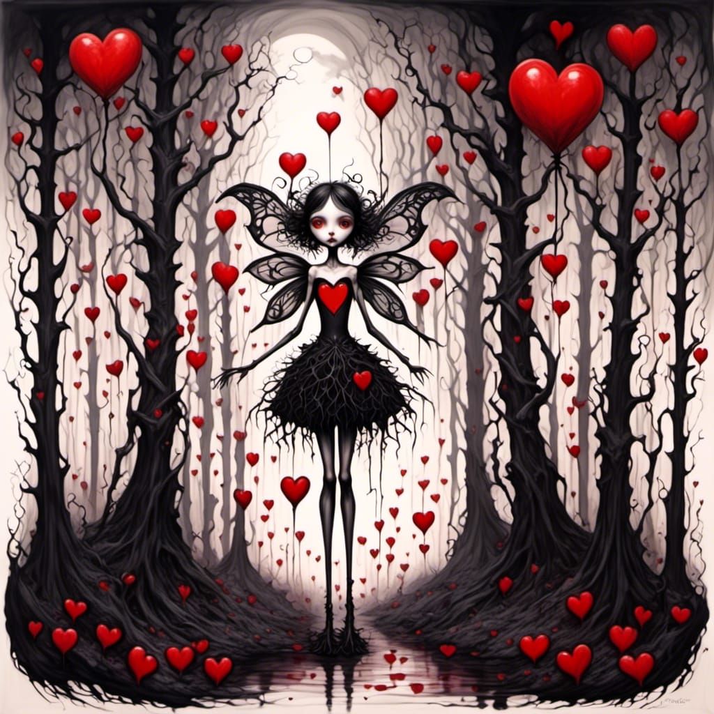 Banksy Style Dark Valentines Fairy in Eerie Forest