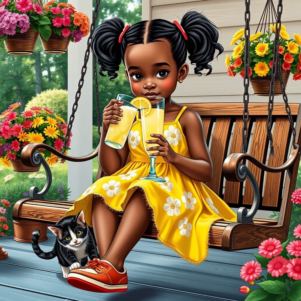 Hyperrealistic Girl Sipping Lemonade on Porch Swing