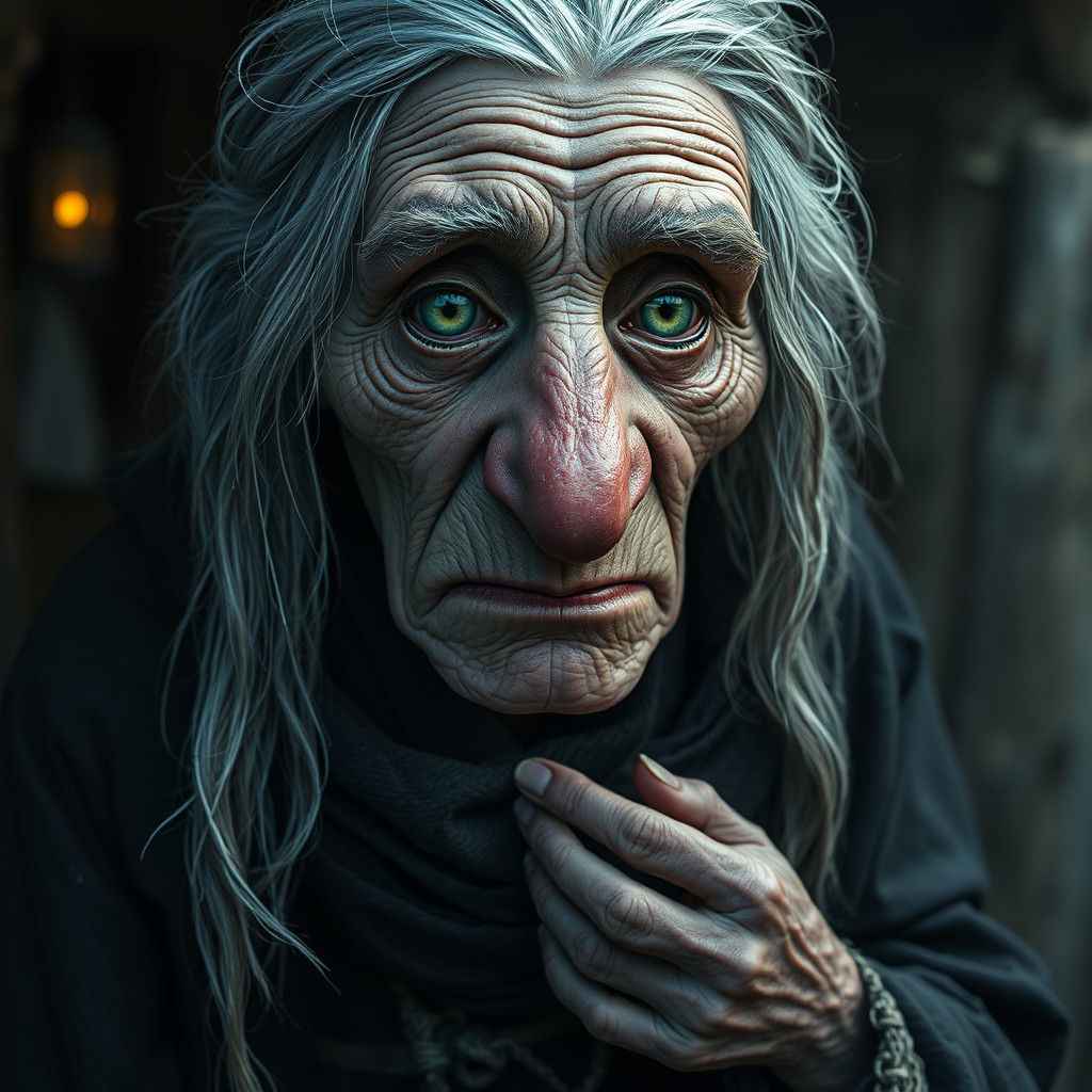 Elderly Peddler with Piercing Eyes in Dreamlike Scene