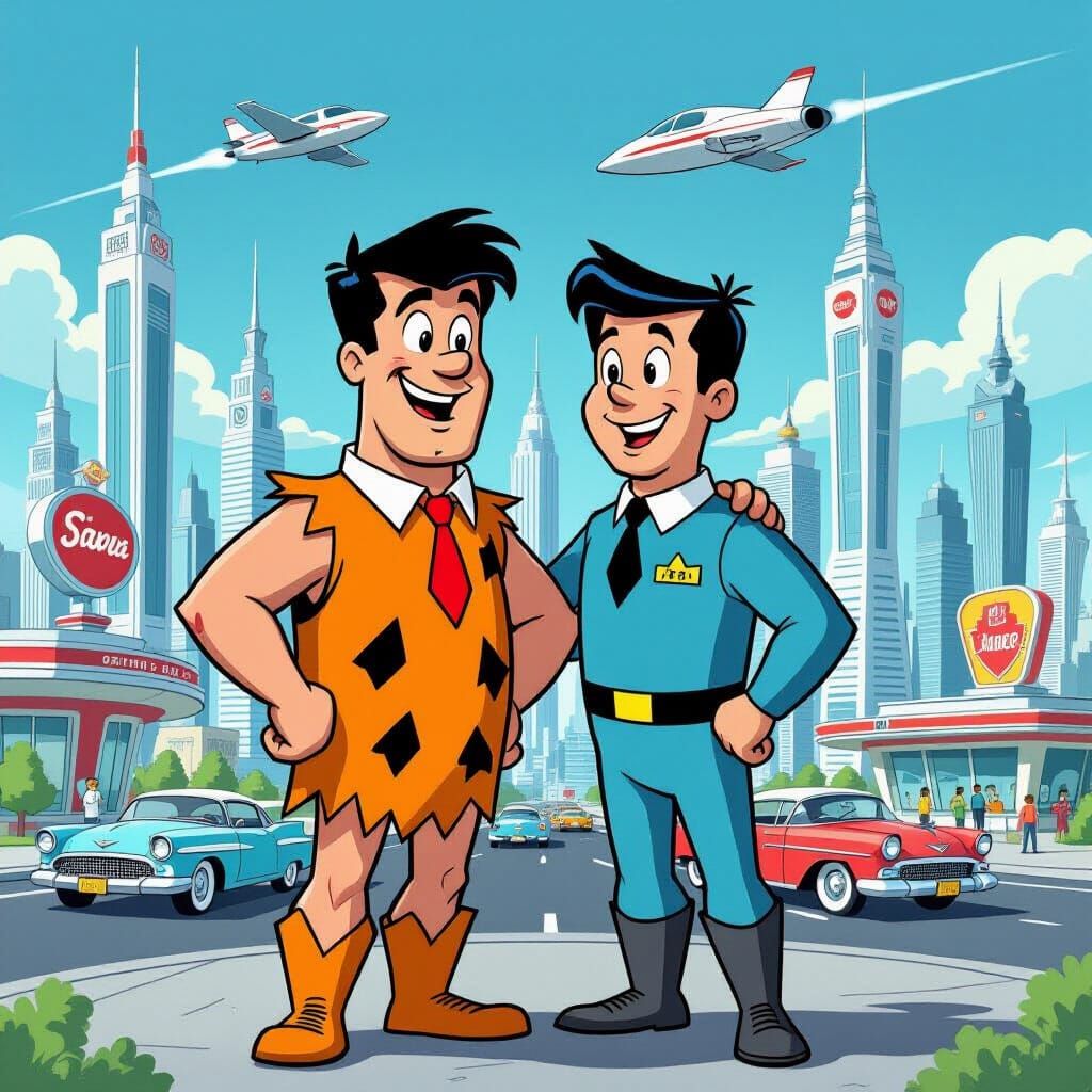 Fred Flintstone & George Jetson in Futuristic City