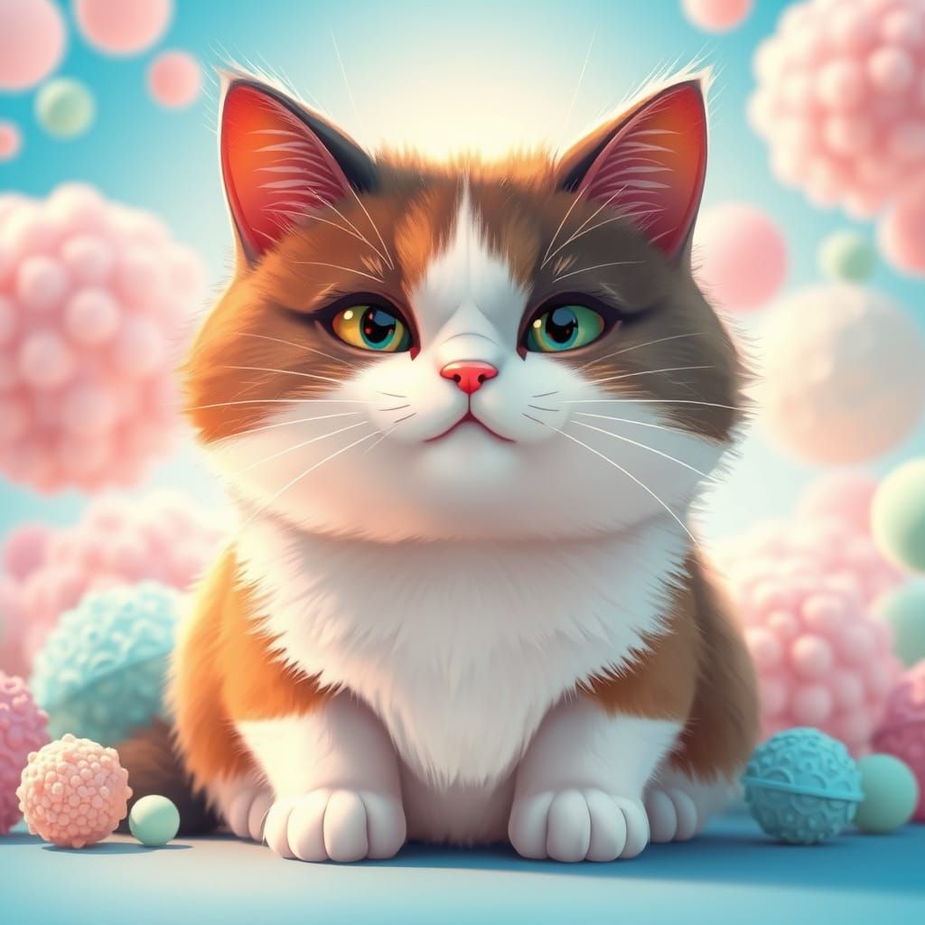 Surreal Whimsical Cat in Vibrant Candy-Like Scene