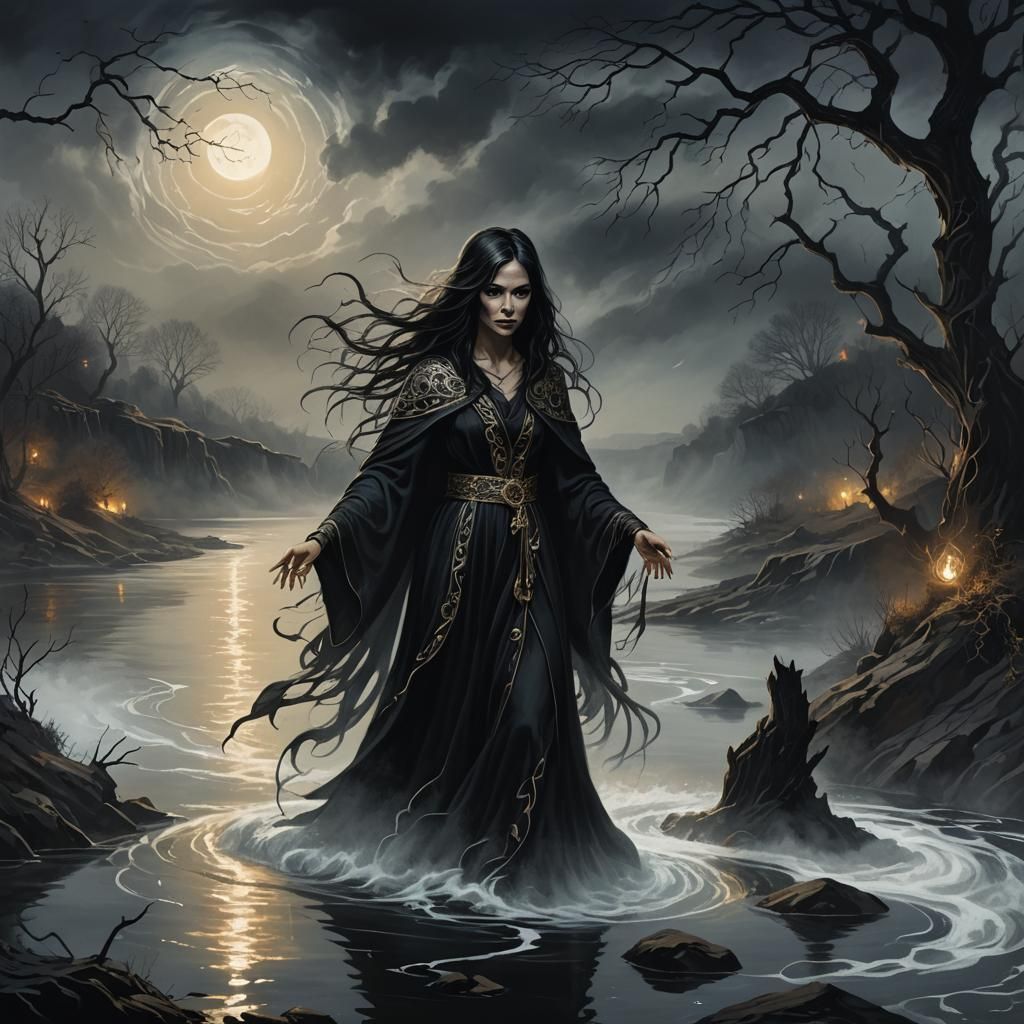 Witch of Death by the River Styx in Dark Fantasy Style