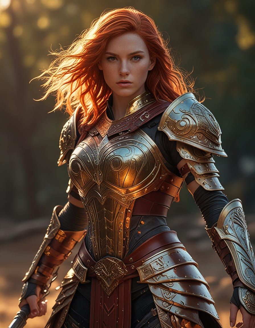 Fiery Haired Warrior in Iridescent Armor, Digital Art