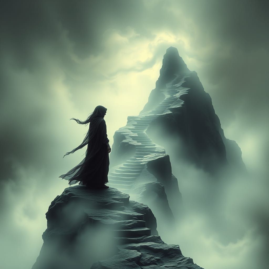 Ethereal Woman on Misty Mountain, Surreal Dreamscape