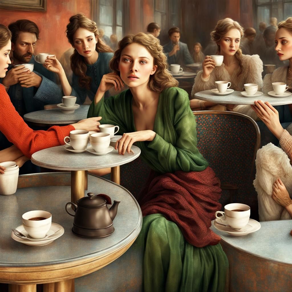Beautiful Woman Having Tea in Cafe: Photorealistic Portrait