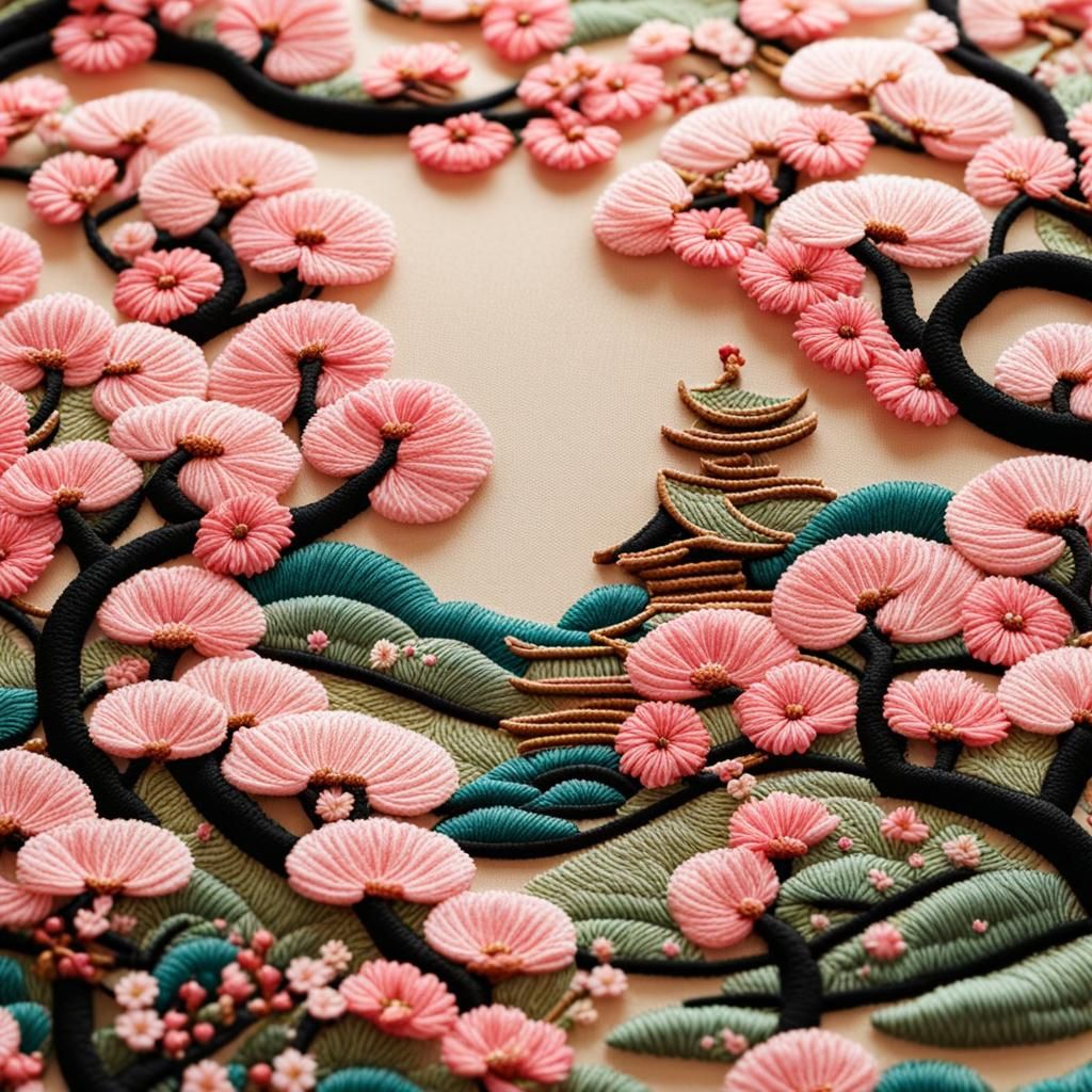 Embroidered Japanese Wonderland with Cherry Blossoms