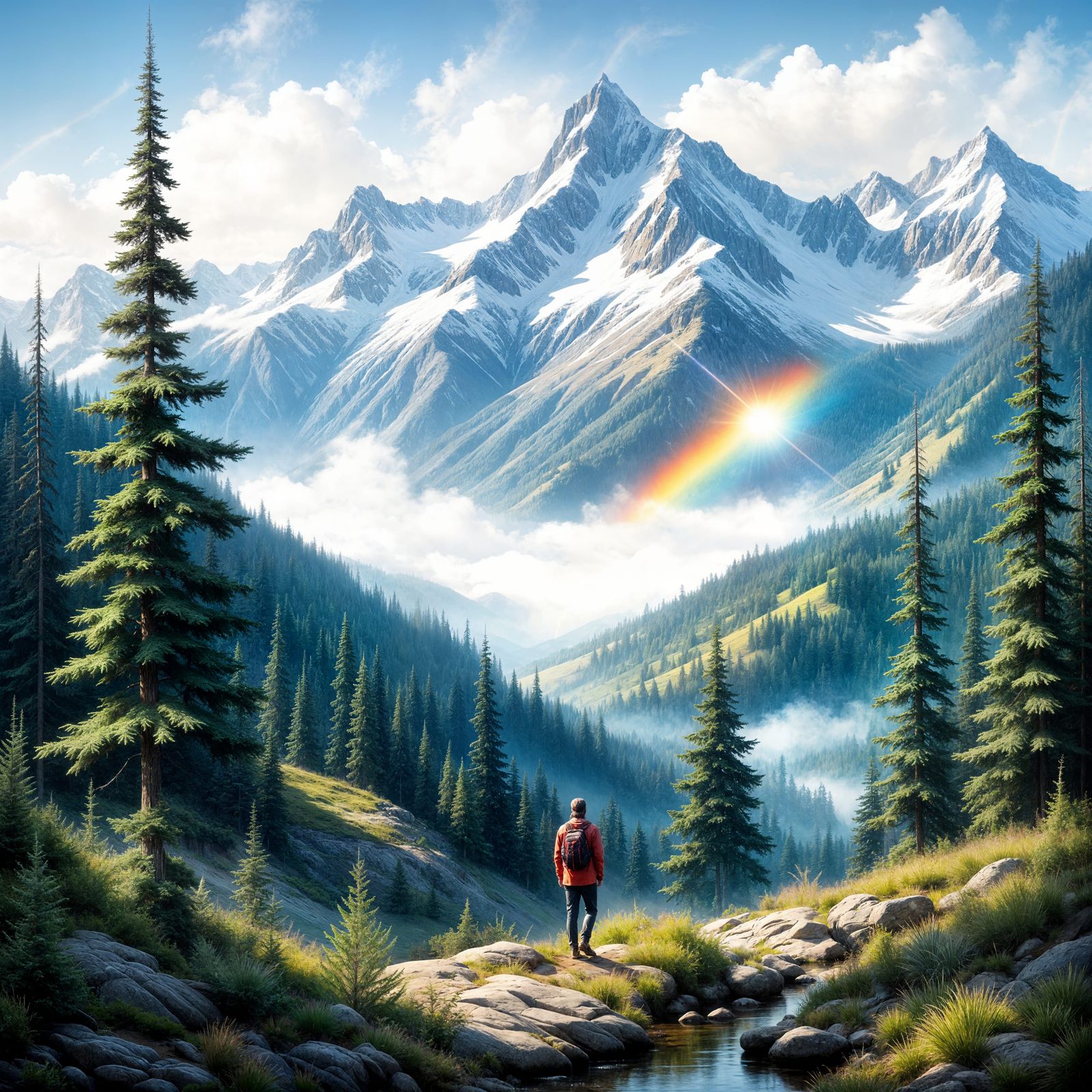 Majestic Mountain Vista with Rainbow and Misty Fog