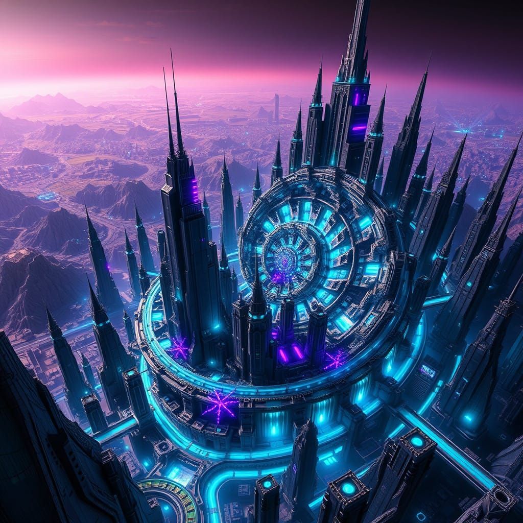 Cyberpunk Fractal Cityscape in Dark Metallic Hues