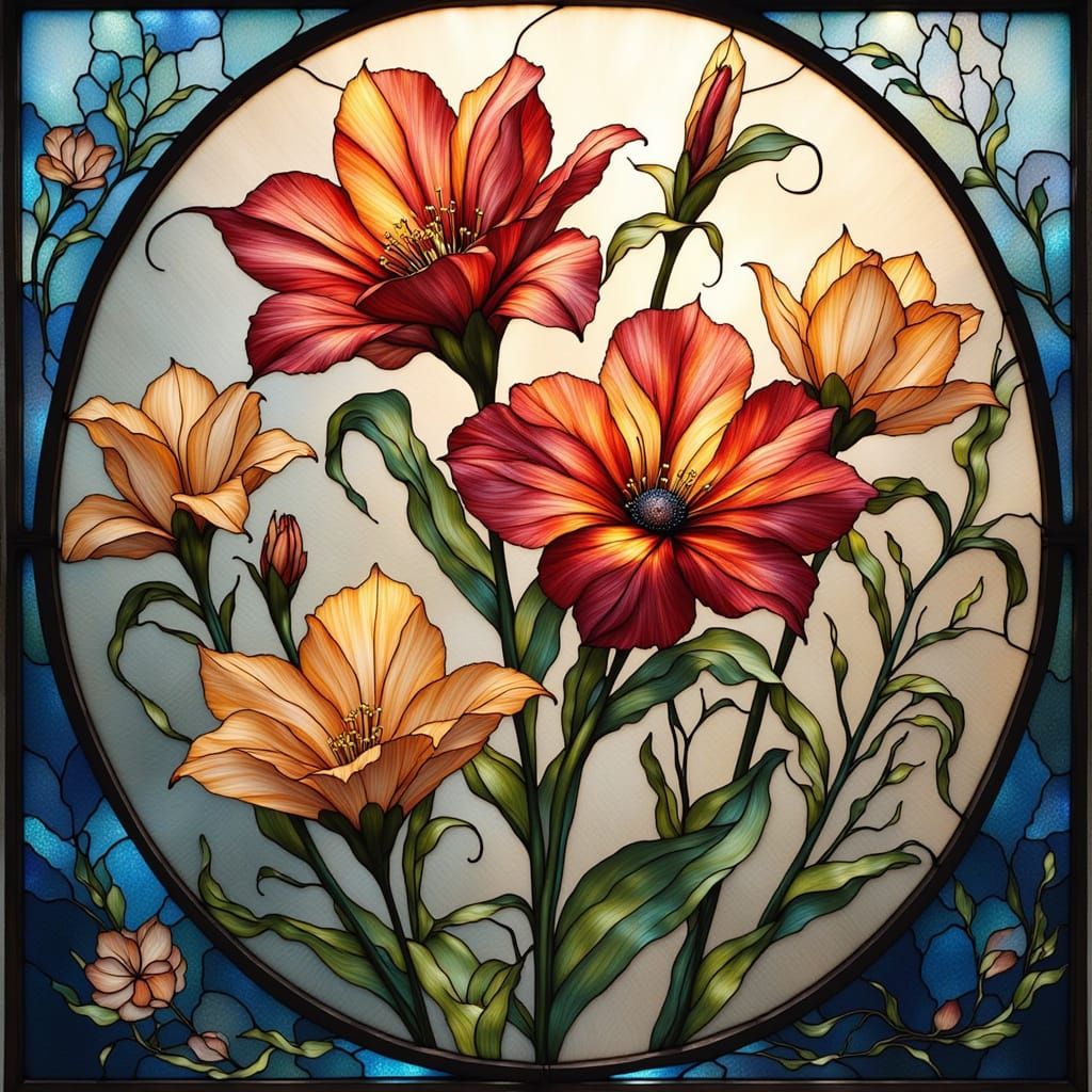 Flowers in Sumi-e Style with Stained Glass Effect