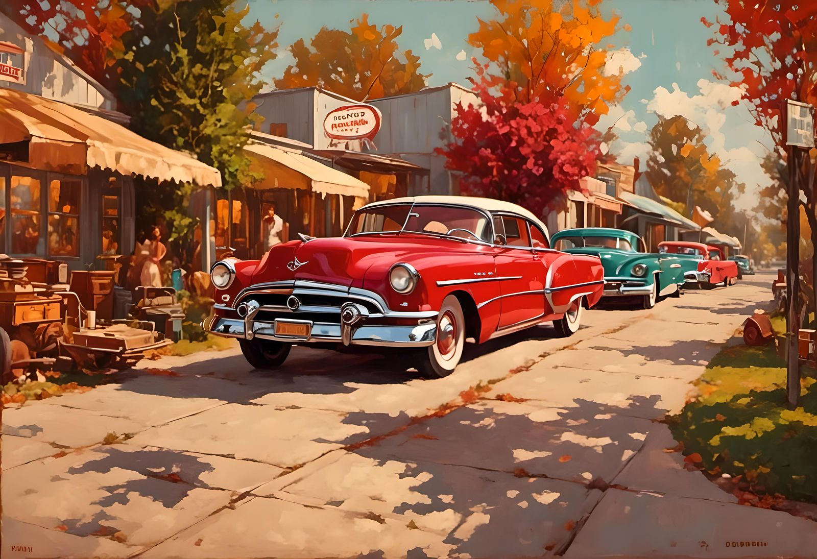 Vibrant 1950's Downtown Scene in Retro Rockabilly Style