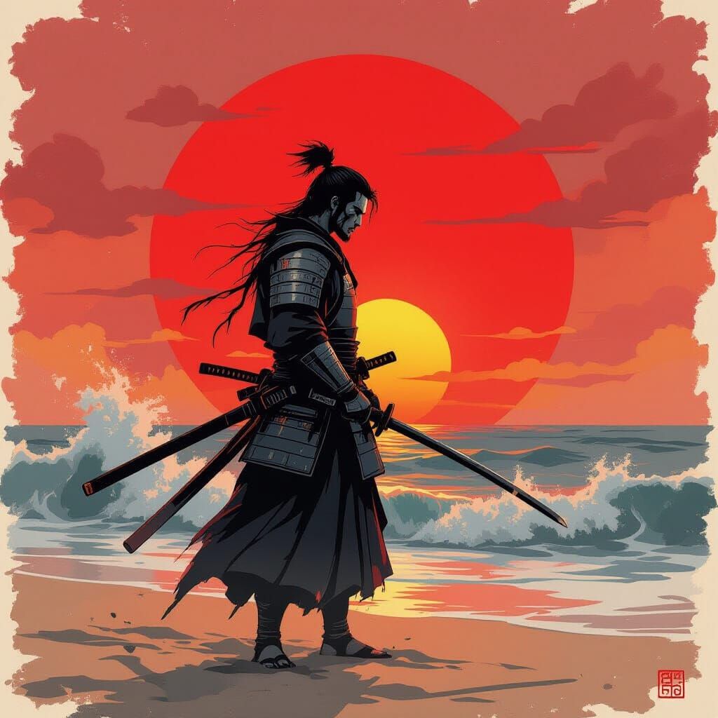 Samurai Silhouette at Sunset in Japanese Ink Wash Style