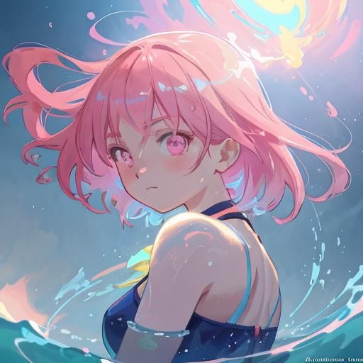 Anime Girl in Pink Bathing Suit: Hyperdetailed Portrait