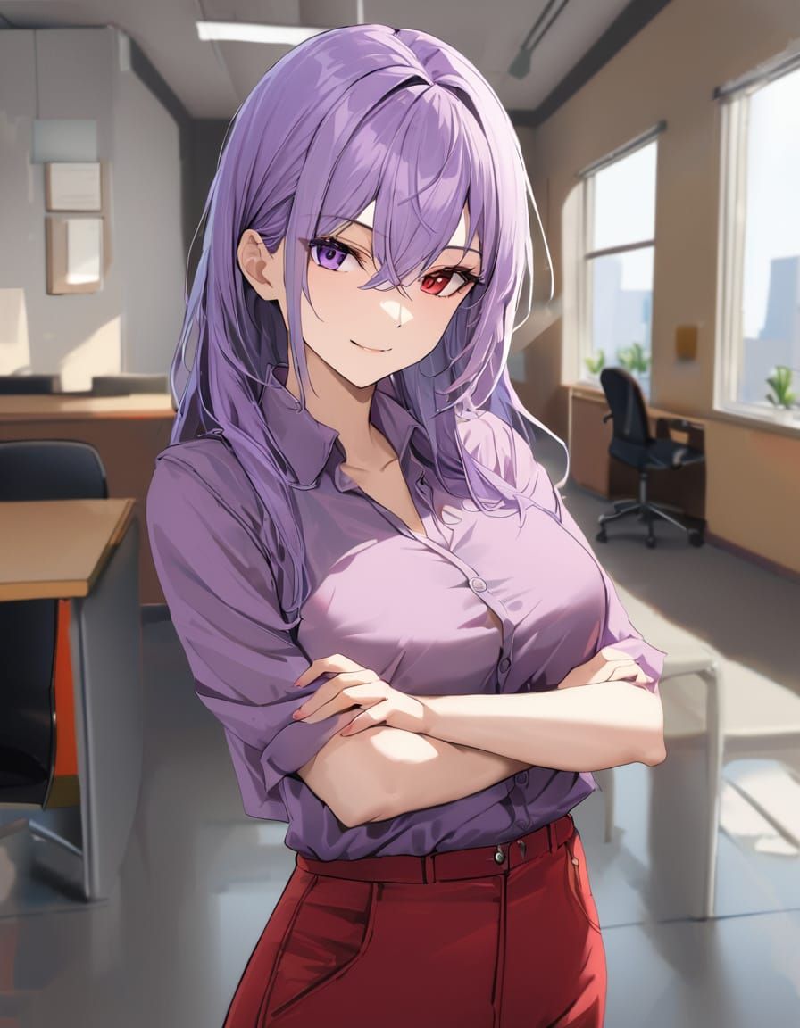 Woman with Purple Hair and Heterochromia in Office