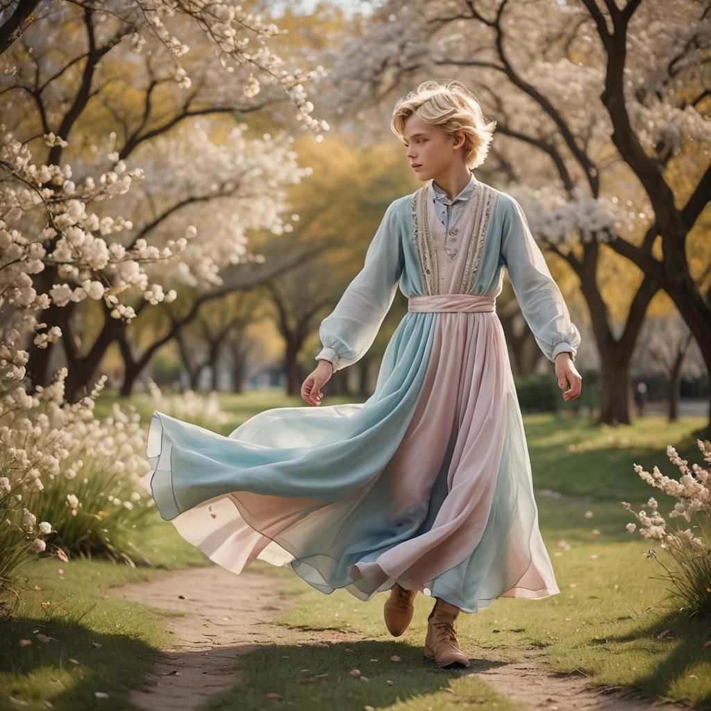 Pastel Romanticism: Blonde Boy in Flowing Dress