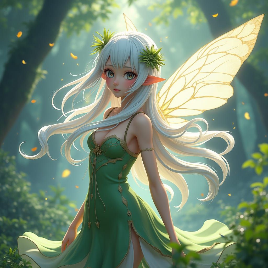 Anime Fantasy Character with White Hair and Fairy Wings