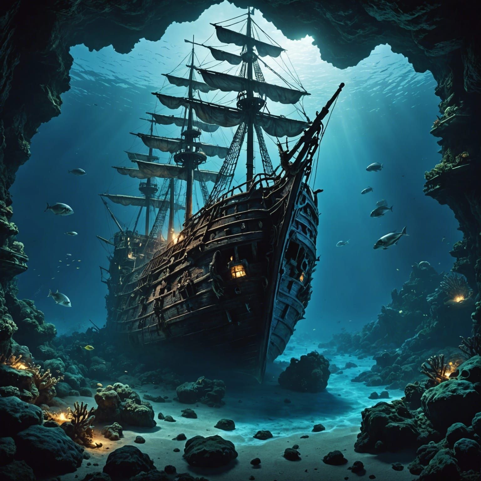 Underwater Pirate Shipwreck in Deep Blue Sea