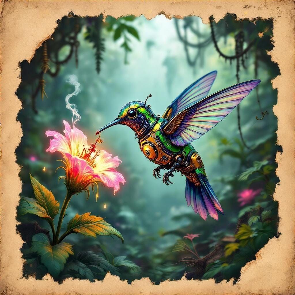 Steampunk Robot Hummingbird in Bioluminescent Jungle Illustr...