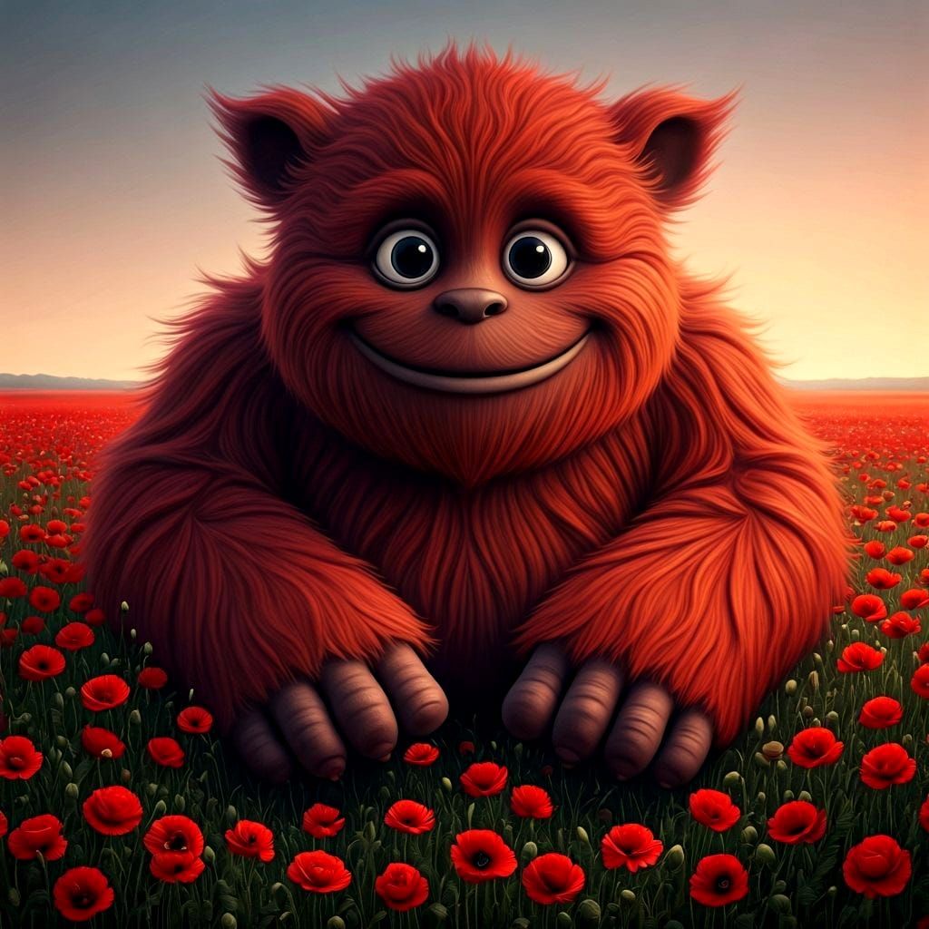 Adorable Fiery Red Fur Monster in Flower Field