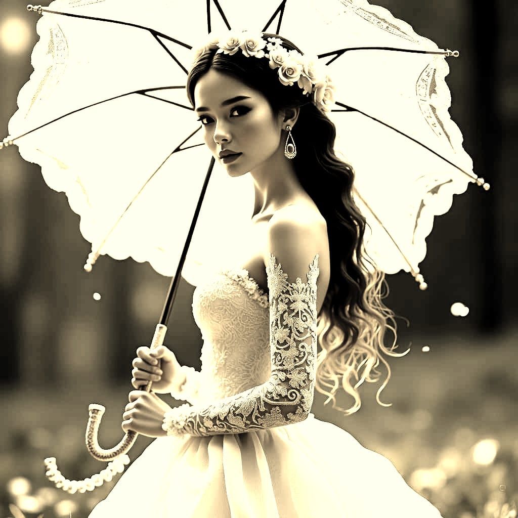 Realistic Bride with Lacy Gown and Parasol