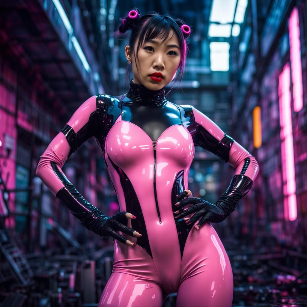 Cyberpunk Asian Woman in Latex Bodysuit