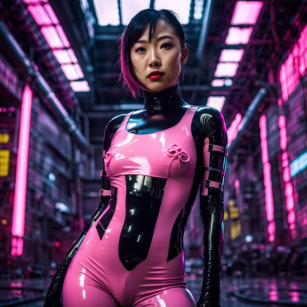 Cyberpunk Asian Woman in Latex Bodysuit