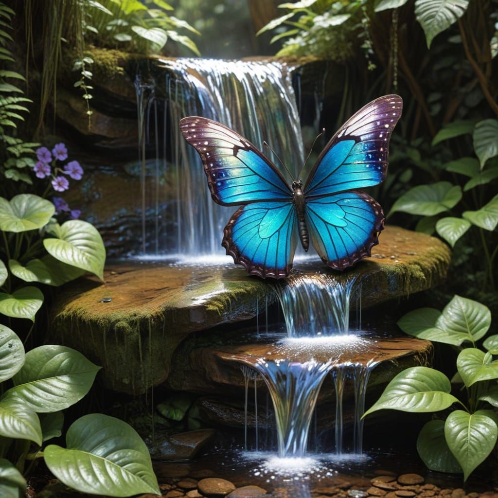 Woodland Tiered Waterfalls with Iridescent Butterfly