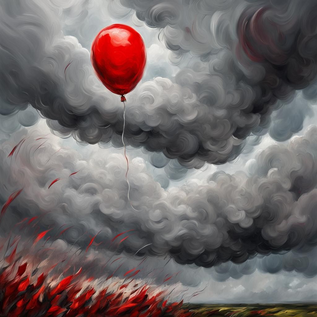 Red Balloon in Stormy Impasto Painting