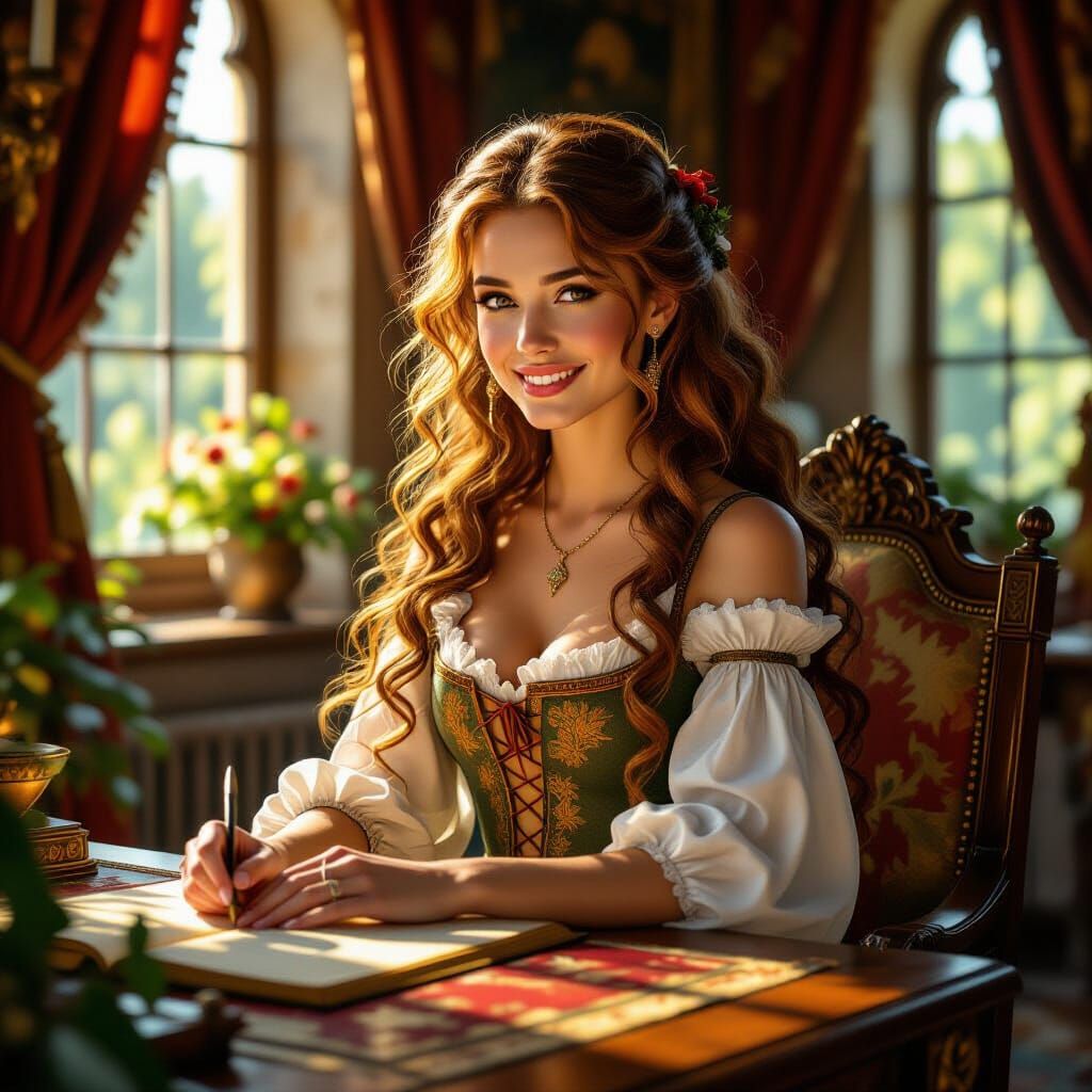Renaissance Woman in Sun-Drenched Castle Parlor