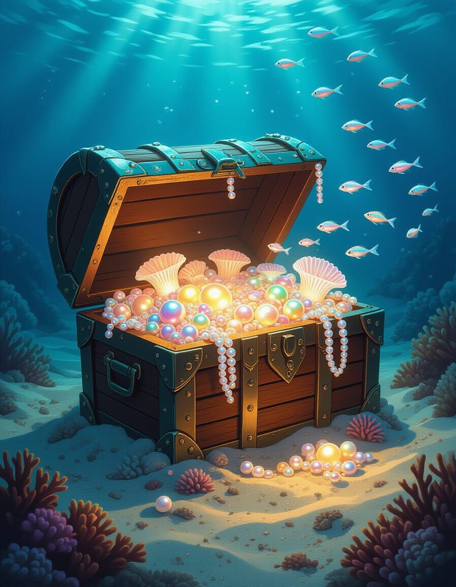 Bioluminescent Pearl Treasure Chest on Ocean Floor