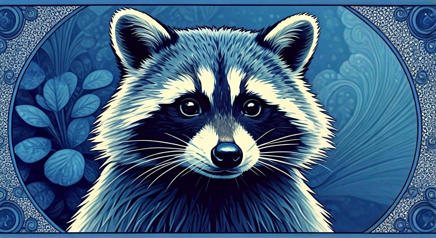 Rocky Raccoon in Delft Blue, Psychedelic Art Nouveau