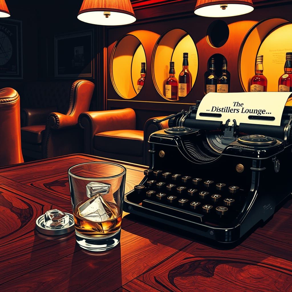 Whiskey and Typewriter in a Vintage Study