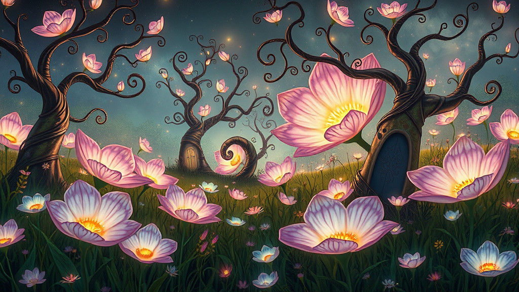 Enchanted Meadow with Glowing Flowers, Surreal Kusama Style