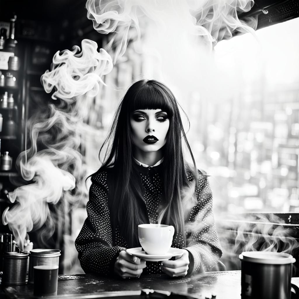 Goth Model in Smoky Coffee Shop: Black and White