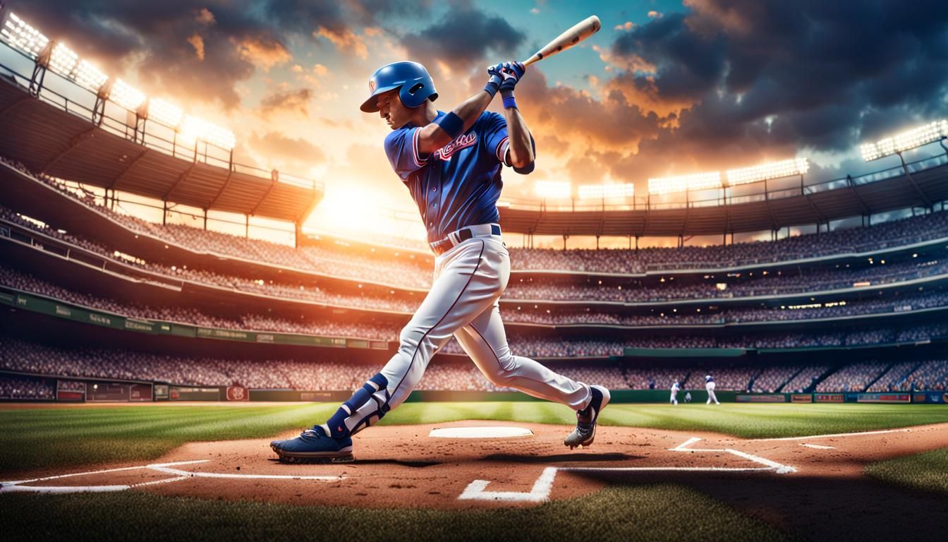 Baseball Player Hitting Ball in Stadium, Hyperrealistic 8k